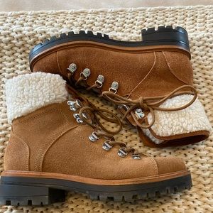 Marc Fisher Faux Shearling Trimmed Leather Combat Boot